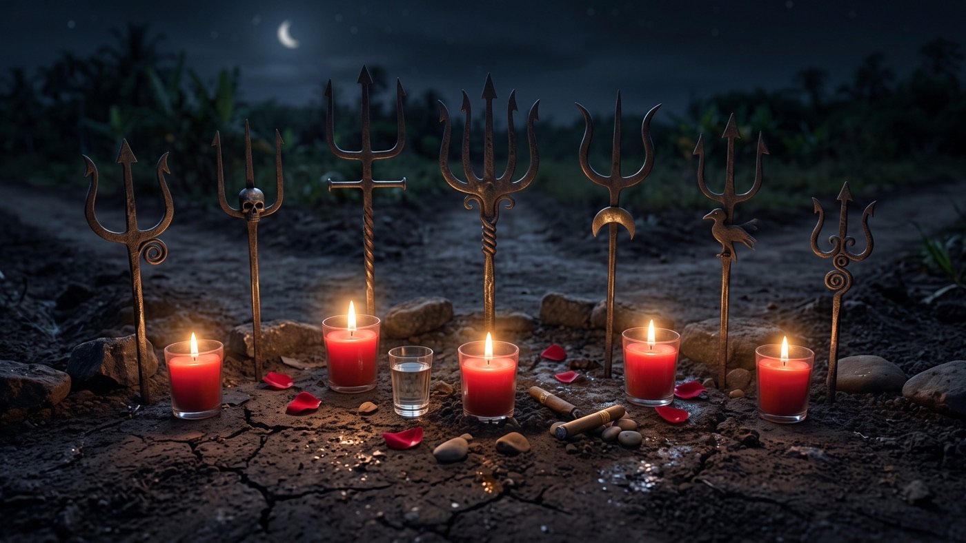 Fileira de sete tridentes de ferro forjado fincados na terra, cada um com desenho diferente, com velas vermelhas acesas entre eles à noite