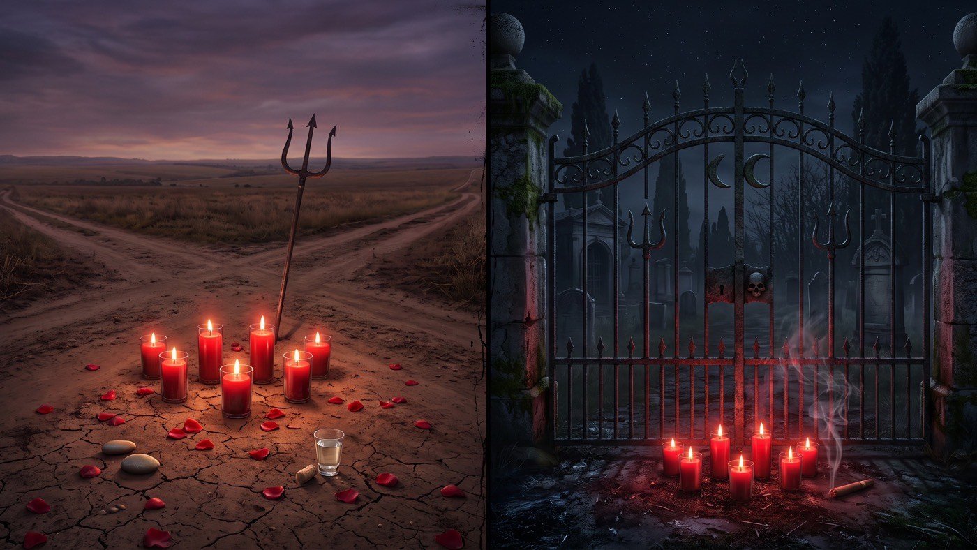 Composição dividida ao meio: à esquerda, encruzilhada de estrada de terra ao entardecer com velas vermelhas acesas no chão; à direita, portão de ferro de cemitério à noite com velas acesas na entrada