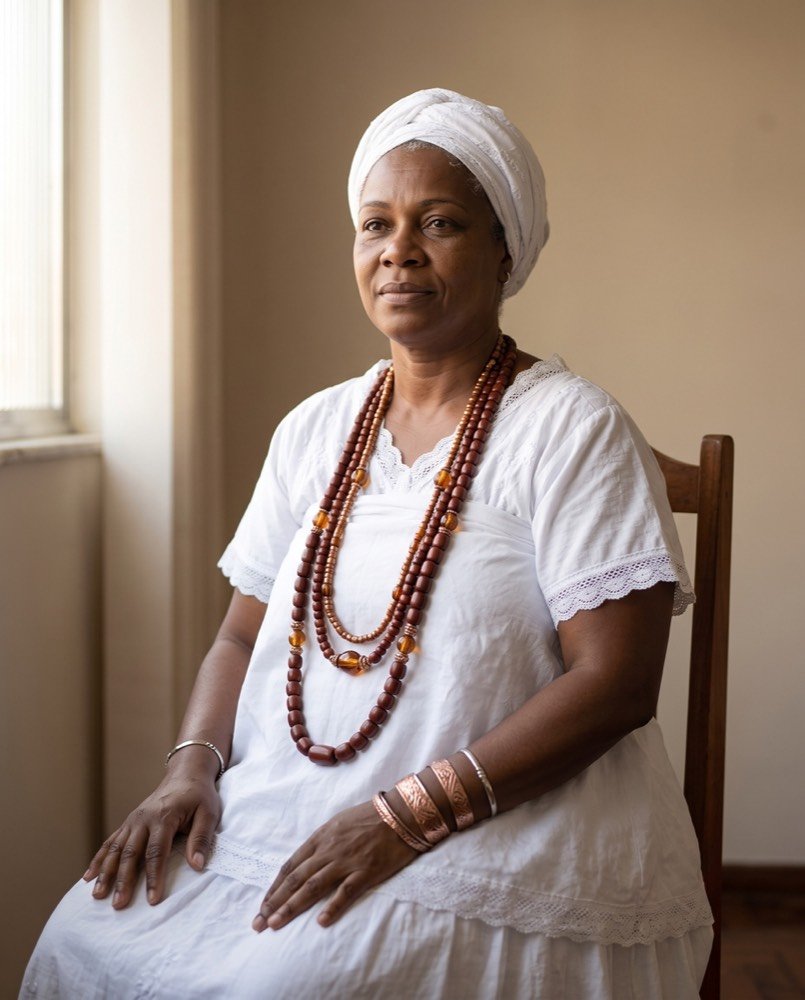 Oya Tùnde, Yalorixá e autora do Segredos da Encruzilhada, sentada em traje branco de axé, com turbante e guias