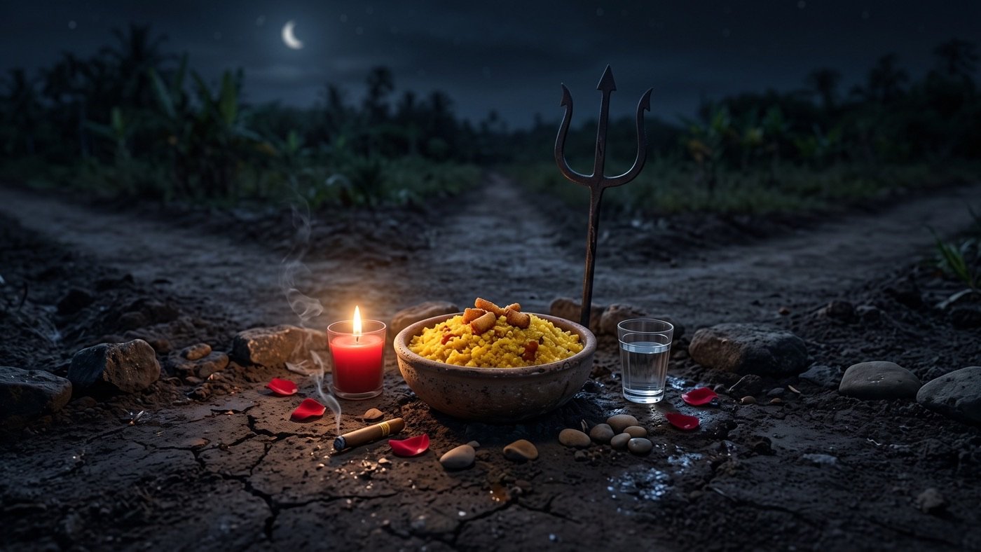 Tigela de barro com farofa amarela de dendê, vela vermelha acesa, tridente de ferro fincado na terra e um copo de bebida, numa encruzilhada de terra à noite