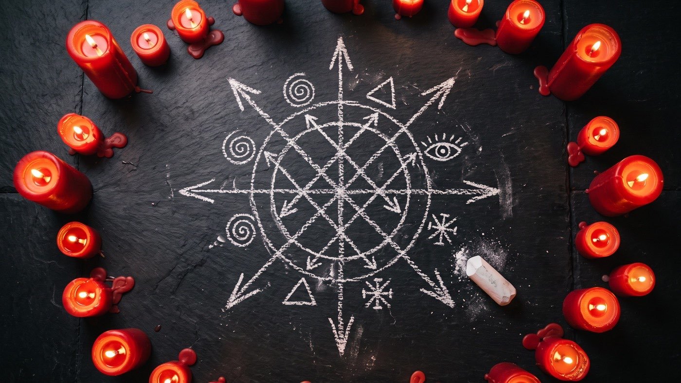 Composição ilustrativa: traços brancos de giz sobre piso escuro de ardósia, cercados de velas vermelhas acesas, com um pedaço de giz ao lado